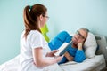 Smiling positive nurse reading a book to her old patient Royalty Free Stock Photo