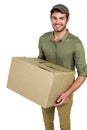 Smiling postman holding package