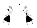 Smiling praud girls play badminton. Vector sketch.