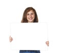 Smiling Pre-Teen Girl Holding Blank White Sign Isolated On White Royalty Free Stock Photo