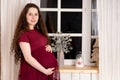 Smiling pregnant girl, expectant mother hugging her belly. happy pregnancy. young woman