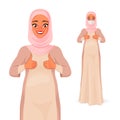 Smiling pregnant Muslim woman in mask showing thumbs up. Vector illustration.