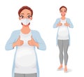 Smiling pregnant woman in mask showing thumbs up. Vector illustration.