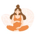 Smiling pregnant woman sitting in lotus pose and hugging her belly. Flat cartoon vector character