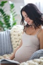 Smiling pregnant woman sitting on sofa and reading magazine Royalty Free Stock Photo