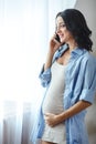 Smiling pregnant woman talking on her smartphone standing near window Royalty Free Stock Photo