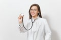 Intellectual doctor woman. Female doctor in medical gown stethoscope. Healthcare personnel medicine concept Royalty Free Stock Photo