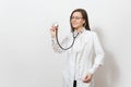 Intellectual doctor woman. Female doctor in medical gown stethoscope. Healthcare personnel medicine concept Royalty Free Stock Photo