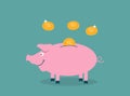 Smiling, pretty pink pig piggy bank with falling coins - Contribution to the Future. Vector Illustration. Royalty Free Stock Photo