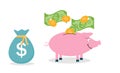 Smiling, pretty pink pig piggy bank with falling coins - Contribution to the Future. Vector Illustration. Royalty Free Stock Photo