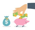 Smiling, pretty pink pig piggy bank with falling coins - Contribution to the Future. Vector Illustration. Royalty Free Stock Photo