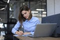 Smiling pretty woman sits at table. Happy entrepreneur writes notes to clients Royalty Free Stock Photo