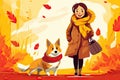 Smiling pretty woman walking with corgi dog with scarf on fall park landscape background Royalty Free Stock Photo