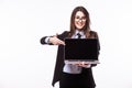 Smiling pretty young woman with friendly happy smile holding a laptop computer Royalty Free Stock Photo