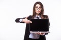 Smiling pretty young woman with friendly happy smile holding a laptop computer Royalty Free Stock Photo