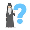 Smiling priest standing in front of question mark. Royalty Free Stock Photo