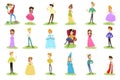 Smiling Prince and Princess Wearing Crown and Dressy Look Garment Vector Illustration Set