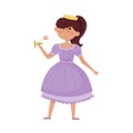 Smiling Princess with Dark Hair Wearing Crown and Dressy Look Garment Holding Flower in Her Hands Vector Illustration