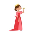 Smiling Princess with Dark Hair Wearing Crown and Dressy Look Garment Smelling Flower Vector Illustration