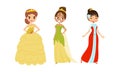 Smiling Princess with Dark Hair Wearing Crown and Dressy Look Garment Vector Illustration Set