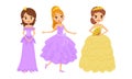 Smiling Princess with Dark Hair Wearing Crown and Dressy Look Garment Vector Illustration Set