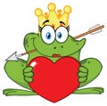 Smiling Princess Frog Cartoon Mascot Character With Crown And Arrow Holding A Love Heart Royalty Free Stock Photo