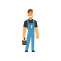 Smiling Professional Electrician with Toolbox, Electric Man Character in Blue Overalls at Work Vector Illustration