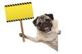 Smiling pug puppy dog holding up blank rectangular yellow warning sign