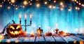 Smiling Pumpkin And Candelabrum On Table