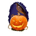 Smiling pumpkin with candle inside and black crow sitting on background of scary blue sky and text, feline and darkness, blurred