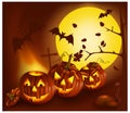 Smiling pumpkins with bats and moon. Royalty Free Stock Photo