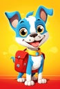 Smiling puppy with backpack, cartoon style. Back to school theme. Dog on yellow background illustration. AI Generated Royalty Free Stock Photo