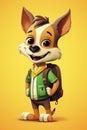 Smiling puppy with backpack, cartoon style. Back to school theme. Dog on yellow background illustration. AI Generated Royalty Free Stock Photo