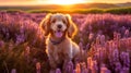 Smiling puppy dog, sitting amongst heather hill in sunshine, generated AI Royalty Free Stock Photo