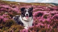 Smiling puppy dog, sitting amongst heather hill in sunshine, generated AI Royalty Free Stock Photo