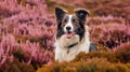 Smiling puppy dog, sitting amongst heather hill in sunshine, generated AI Royalty Free Stock Photo