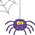 Smiling Purple Halloween Spider Cartoon Character On A Web