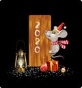 Smiling rat in christmas winter hat and antique lampNew year symbol 2020 vector illustration