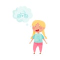 Smiling Red Cheeked Girl Standing and Dreaming about Bicycle Vector Illustration