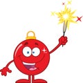 Smiling Red Christmas Ball Cartoon Character Giving A Fireworks Royalty Free Stock Photo