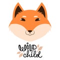 Vector illustration of a cute cartoon red fox face signed wild child Royalty Free Stock Photo