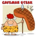 Smiling Red Hair Cave Woman Cartoon Mascot Character Holding A Spear With Big Grilled Steak. Royalty Free Stock Photo