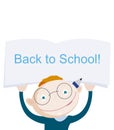 Smiling red hair school boy showing notebook with greeting phrase back to school