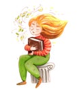 A smiling red haired girl is sitting on the old pillar and holding the brown big book Royalty Free Stock Photo