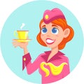 Smiling red-haired stewardess with a cup in her hand Royalty Free Stock Photo