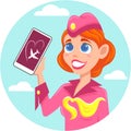 Smiling red-haired stewardess with smartphone in hand