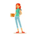 Smiling red haired student with a backpack standing and holding a book in her hamd. Student lifestyle colorful character