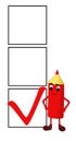 Smiling red pencil with 3 check boxes