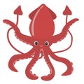 A smiling red squid cartoon illustration. Isolated. Cute drawing. Sea creature.