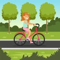 Smiling redhead girl cycling on bicycle in the park, kids outdoor activity vector illustration